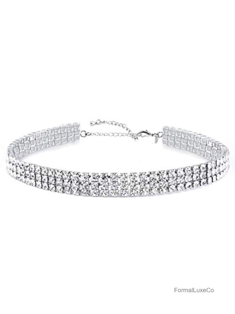 3 Row Rhinestone Choker Necklace For Women 18k Gold Plated